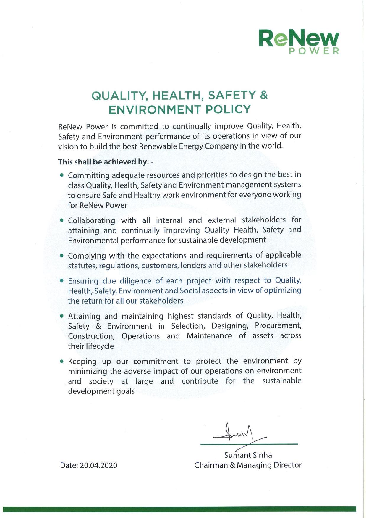 Quality, Environment, Health & Safety At ReNew